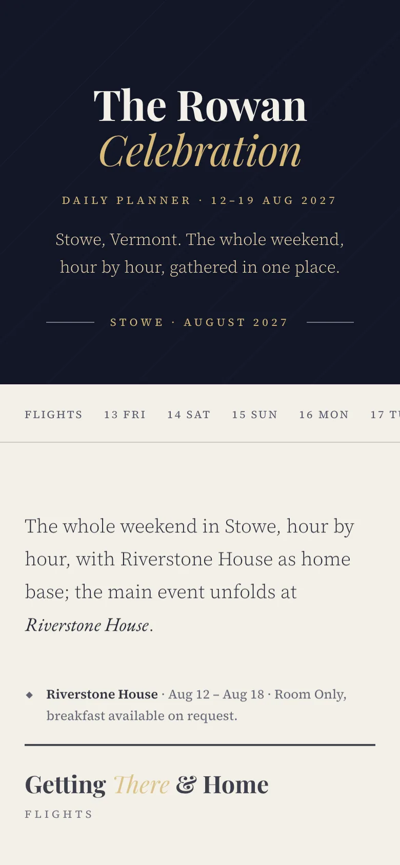 The day-by-day planner for an example wedding weekend